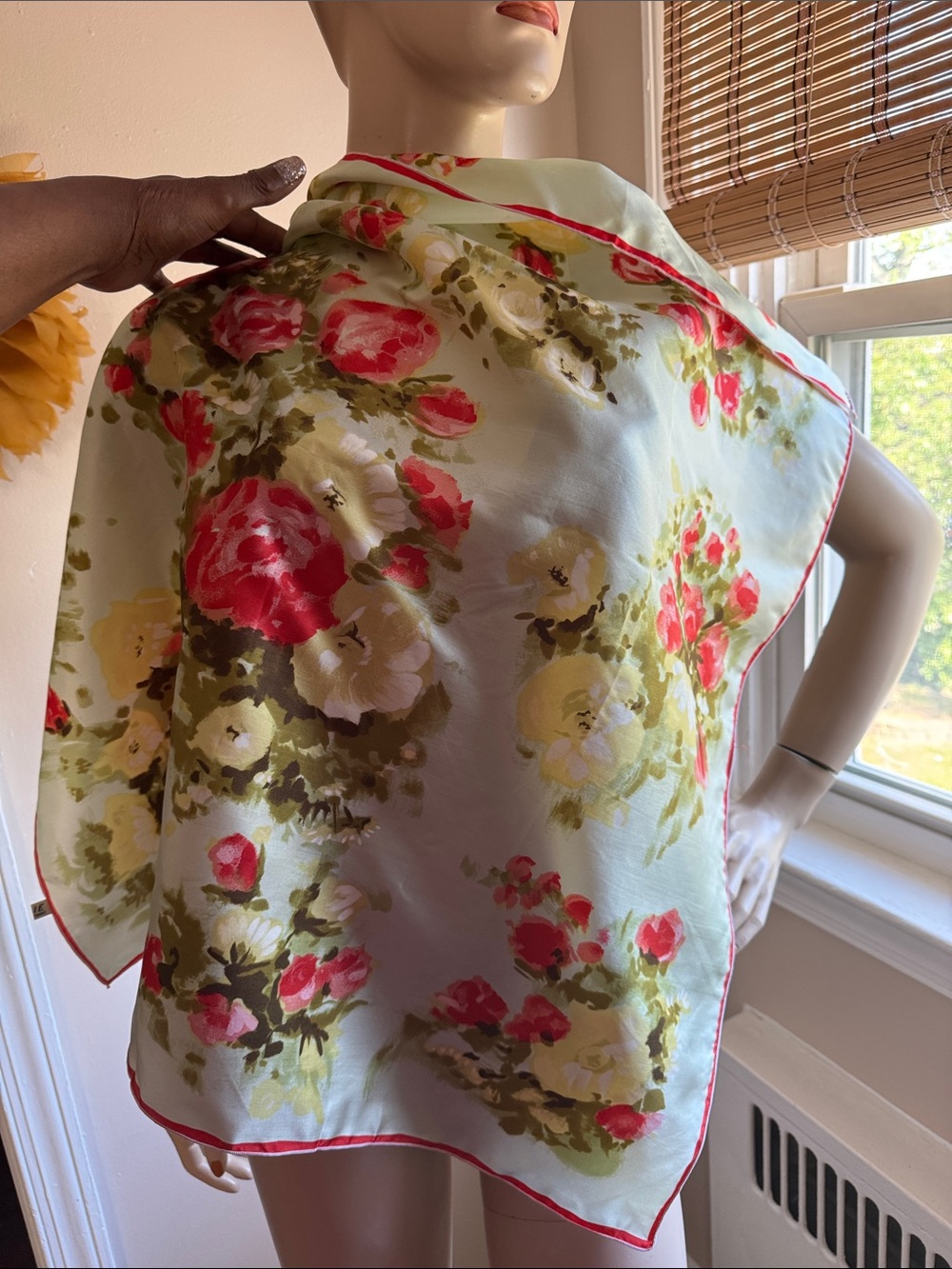 Vintage Light Green Floral Silk Scarf - Picture 13 of 15